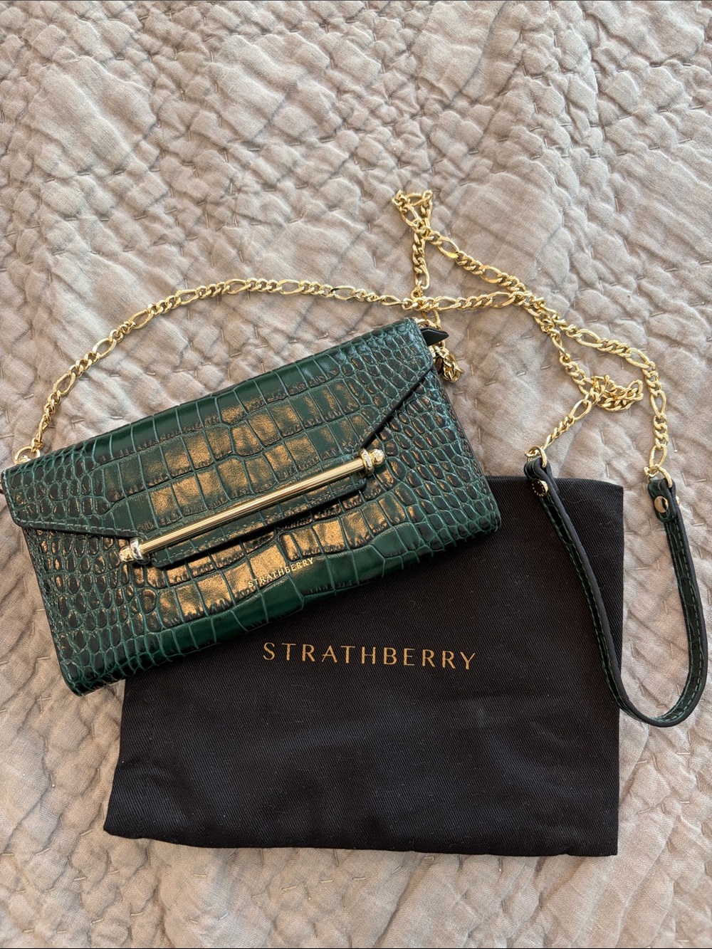 Strathberry Bottle Green Croc-Embossed Multrees Chain Wallet Crossbody - Picture 2 of 9